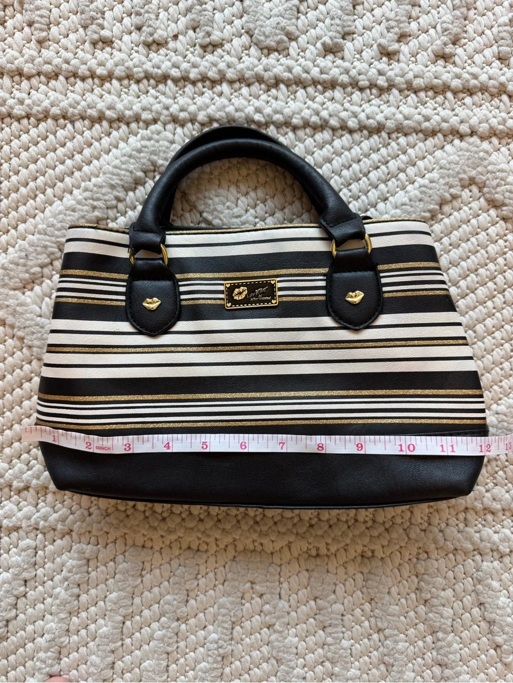 Luv Betsey by Betsey Johnson Striped Satchel Handbag Black White Gold Y2K